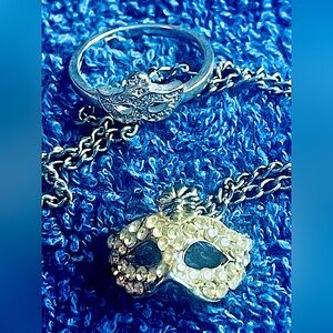 crystal masquerade set sterling silver ring size 8 1/2 & mask necklace vtg